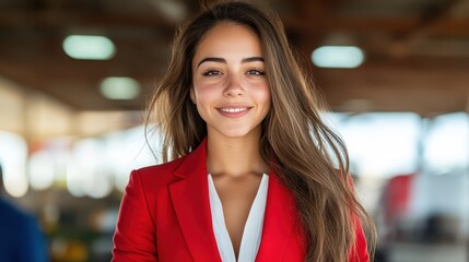 Obraz premium A cheerful young woman beams in a striking red ensemble, embodying youthful energy and positivity in a vibrant and engaging atmosphere.