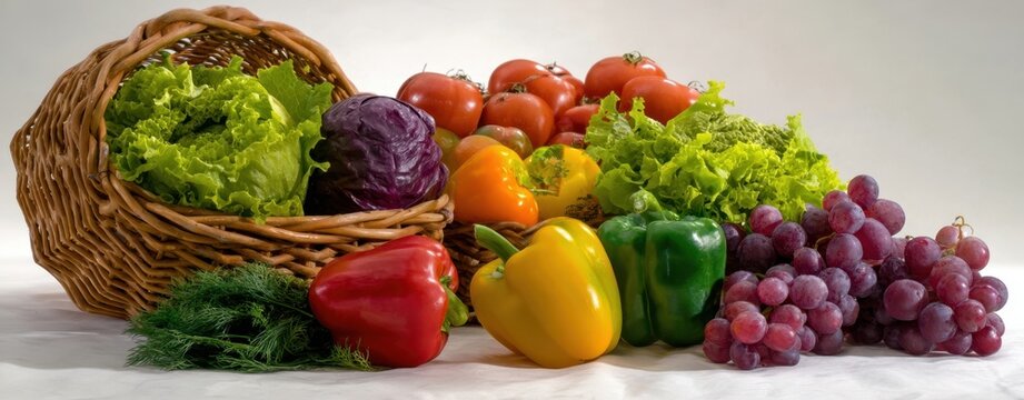 The beautiful arrangement of fresh vegetables in a woven basket. - Powered by Adobe