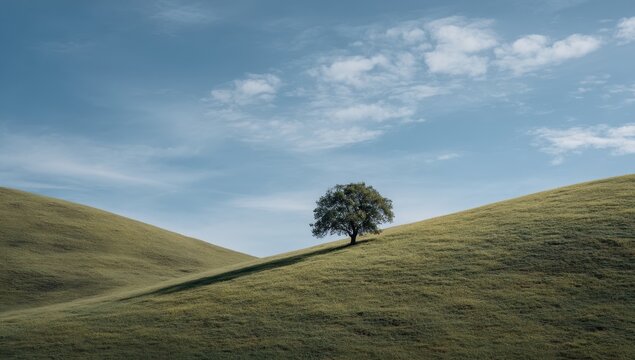 Solitary tree on a verdant hillside under a vast, pale blue sky, gently rolling hills create a serene landscape - Powered by Adobe
