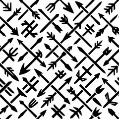 Seamless vector pattern illustration featuring black and white arrows and red and white stripes, perfect for wallpaper design or a bold artistic texture