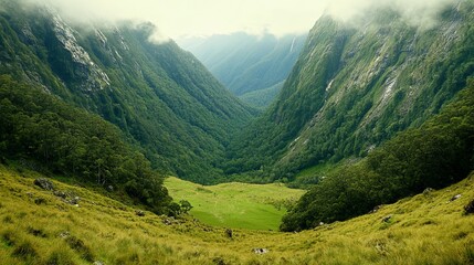 Fototapeta premium A misty valley nestled between lush, green mountains, showcasing a serene, grassy meadow at its heart. A breathtaking view of nature's untouched beauty