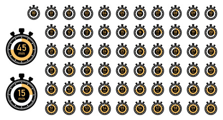 Countdown stopwatch icons from 1 to 60 minutes. Circular timers with numeric labels and progress segments, ideal for time tracking, sports, and fitness designs.