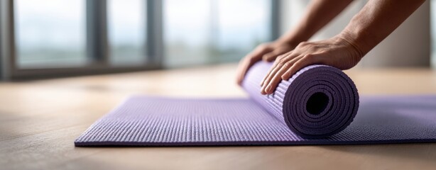 The purple yoga mat being rolled up in a tranquil indoor environment.