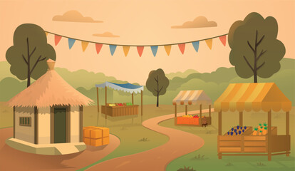 Farmer village morning market stalls, cottage, greens, road, tree vector illustration cartoon background