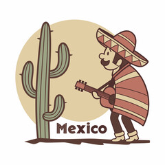 Fototapeta premium Cartoon depiction of a traditional Mexican musician serenading a cactus landscape