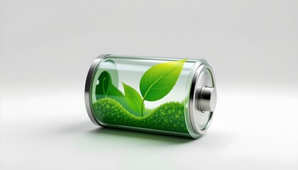 stock photo, 3d render of a battery icon with a green leaf inside, symbolizing green energy storage, on a clean white background, sharp focus, with absolutely no text, no logos, no letters, no words