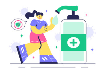 Antibacterial Vector Illustration Featuring Handwashing, Virus Prevention, and Microbe Control for Hygiene and Healthcare in a Flat Background