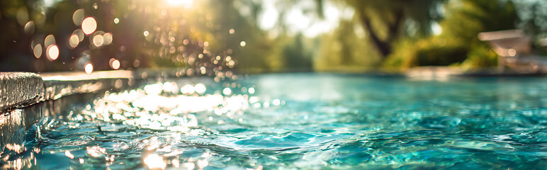 Serene outdoor swimming pool in a lush home garden with natural sunlight, soft blurred surroundings and tranquil atmosphere, perfect for relaxation and leisure.
