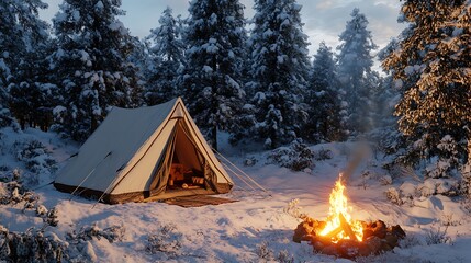 A tent and campfire in a snowy forest landscape
