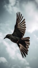 Fototapeta premium Flying Crow on Cloudy Background