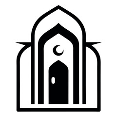 Black and White Mosque Icon with Crescent Moon, Islamic Architecture Illustration