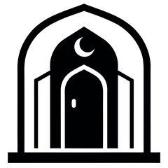 Mosque Entrance Icon with Crescent Moon Islamic Architecture Black and White Illustration