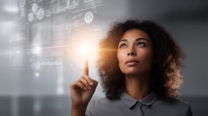 Confident woman interacting with futuristic virtual interface. Concept of innovation, digital technology, data analysis, artificial intelligence, and modern leadership in tech industry.