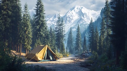 A tent in a forest with snow capped mountains view