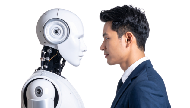 Human and Robot Sharing Eye Contact with Mutual Respect isolated on white background. Png
