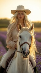 Obraz premium Blonde Cowgirl Riding White Horse in Floral Field at Sunset, Closeup Photo.Fictional Character Created By Generative AI