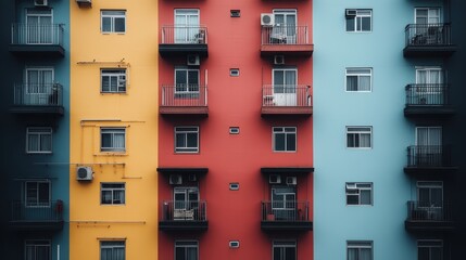 Fototapeta premium A strikingly colorful facade of an apartment building featuring vertical sections in yellow, red, and blue hues, highlighting modern urban architecture and design.
