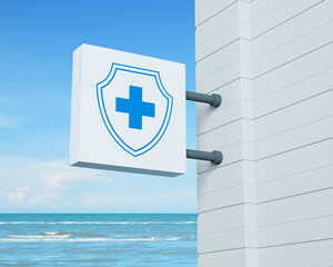 Cross shape with shield icon on hanging white square signboard over tropical sea and blue sky with white clouds, Business healthy and medical care insurance online concept, 3D rendering