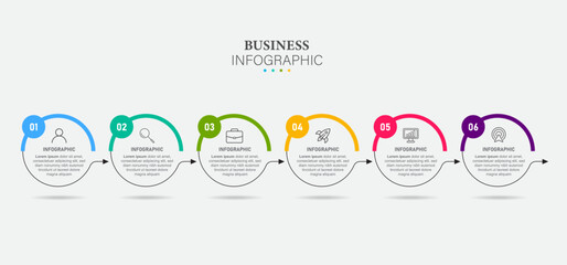 Line step infographic. 6 options workflow diagram, circle timeline number infograph, process steps chart. Linear vector infographics. Process order infographic arrow and steps point illustration
