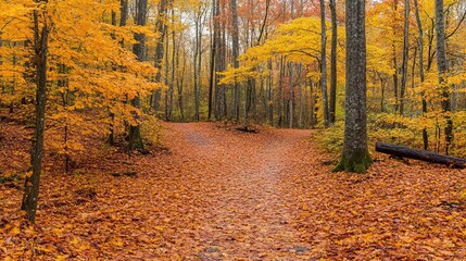 Obraz premium A picturesque autumn woodland path forks, leading through a carpet of vibrant orange and gold leaves under a misty sky. The trees display a rich palette of fall foliage