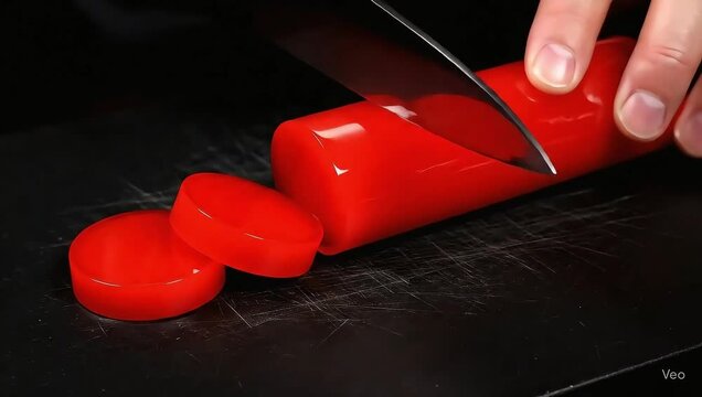 4K macro video of a glossy red cylinder being sliced cleanly. Ideal for satisfying visuals and ASMR projects. Smooth texture and vibrant detail for relaxation or edits.