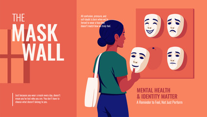 The Mask Wall-Conceptual Illustration of Hidden Emotions and Mental Health Awareness Vector Design
