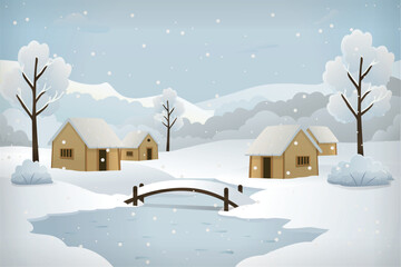 Snowy village, cottages, field area, water lake and wood bridge snowy tree vector illustration cartoon background