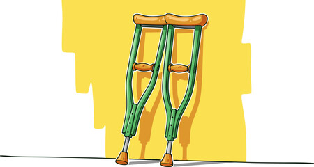 Pair of Green Crutches with Orange Handgrips Against Yellow Background