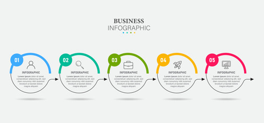Line step infographic. 5 options workflow diagram, circle timeline number infograph, process steps chart. Linear vector infographics. Process order infographic arrow and steps point illustration