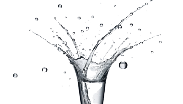 Fresh clear water splashing into a glass, creating refreshing blue bubbles and abstract wave patterns