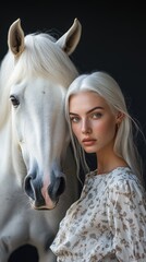 Fototapeta premium White-Haired Woman and White Lipizzaner Horse on Dark Surface.Fictional Character Created By Generative AI