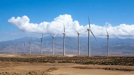 A row of wind turbines stand tall against a desert landscape under a vibrant blue sky with fluffy clouds, showcasing clean energy production in a natural setting