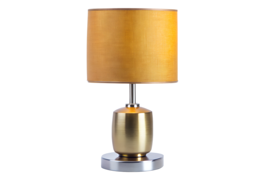 Modern gold and silver table lamp with textured amber shade isolated on transparent background