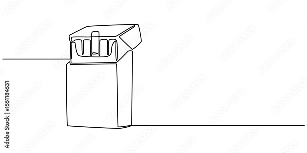 Poster continuous line vector illustration of a pack of filter cigarettes, Vector illustration, open cigarette pack in one line, cigarette box continuous one line drawing, single line of cigarettes in pack.