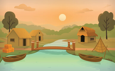 Sunset morning farmer village cottages, water lake, boats, fishing net and wood bridge vector illustration cartoon background