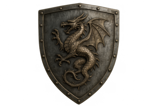 Metal shield with an embossed dragon, isolated on transparent background, evokes medieval fantasy battles and protection