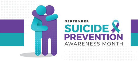 Suicide prevention awareness month - Teal and purple human stand hug and care and ribbon awarenss sign on dot texture background vector design