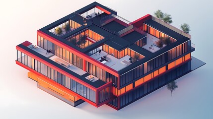 Isometric view of a modern building with trees on top