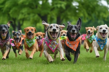 Schnauzer Dog Group Racing on Grass