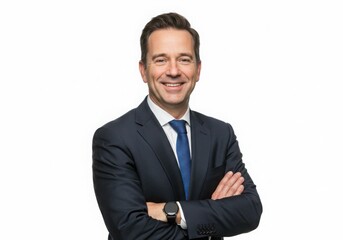 Man smiles wearing suit with arms crossed isolated on white background