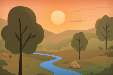 Sunset morning empty field area or farmer village, water lake, tree and greenery vector illustration cartoon background