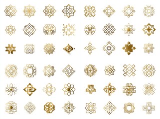 A collection of 48 meticulously crafted golden geometric patterns, exhibiting intricate linework and symmetrical designs, reminiscent of traditional ornamentation