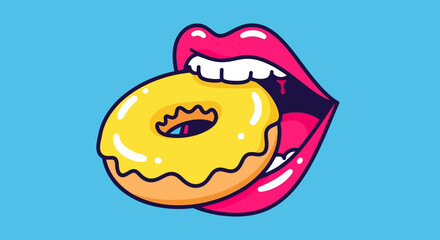 Pop Art Style Donut and Mouth Illustration &ndash; Sweet Snack Concept