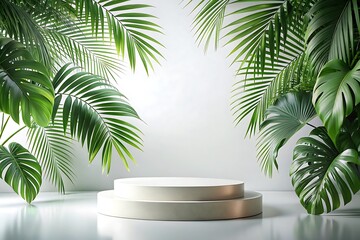 Fototapeta premium White pedestal with two steps and a green leafy background