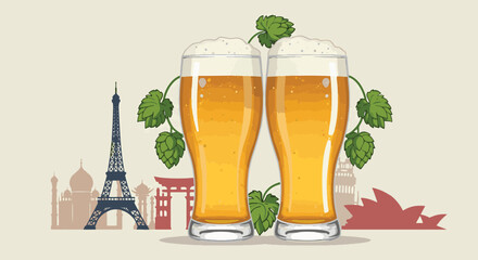 International Beer Day celebration with two glasses of beer and famous landmarks isolated on a light background