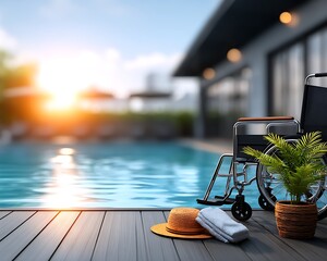 Wheelchair by poolside, warm sunset