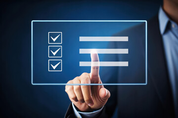 Business professional selecting an option from a digital checklist on a futuristic interface