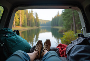 Camp Stop with Open Trunk Facing Lake or Forest