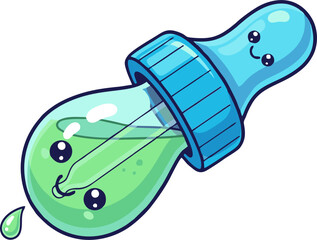 Adorable Cartoon Dropper with Green Liquid and Smiling Face, Dripping.