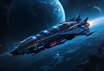 Obraz premium Futuristic Spaceship Soaring Through the Cosmos Near a Celestial Body